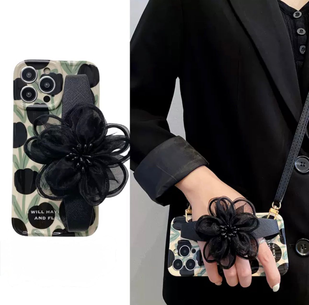 Rosy tulips case with flower hand strap for iphone