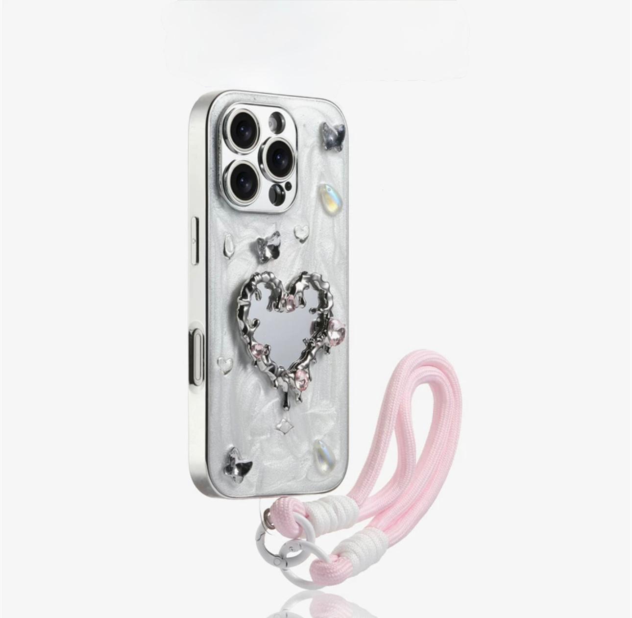 Love heart Glitter Case with dot heart and charm for iPhones