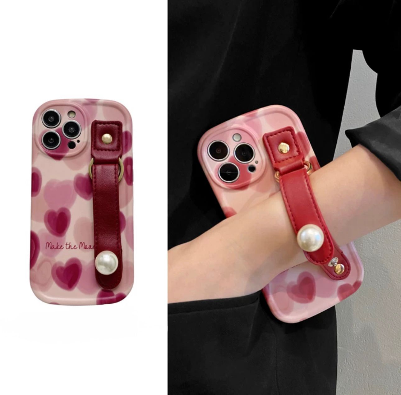 Pink heart case with handstrap for iphone