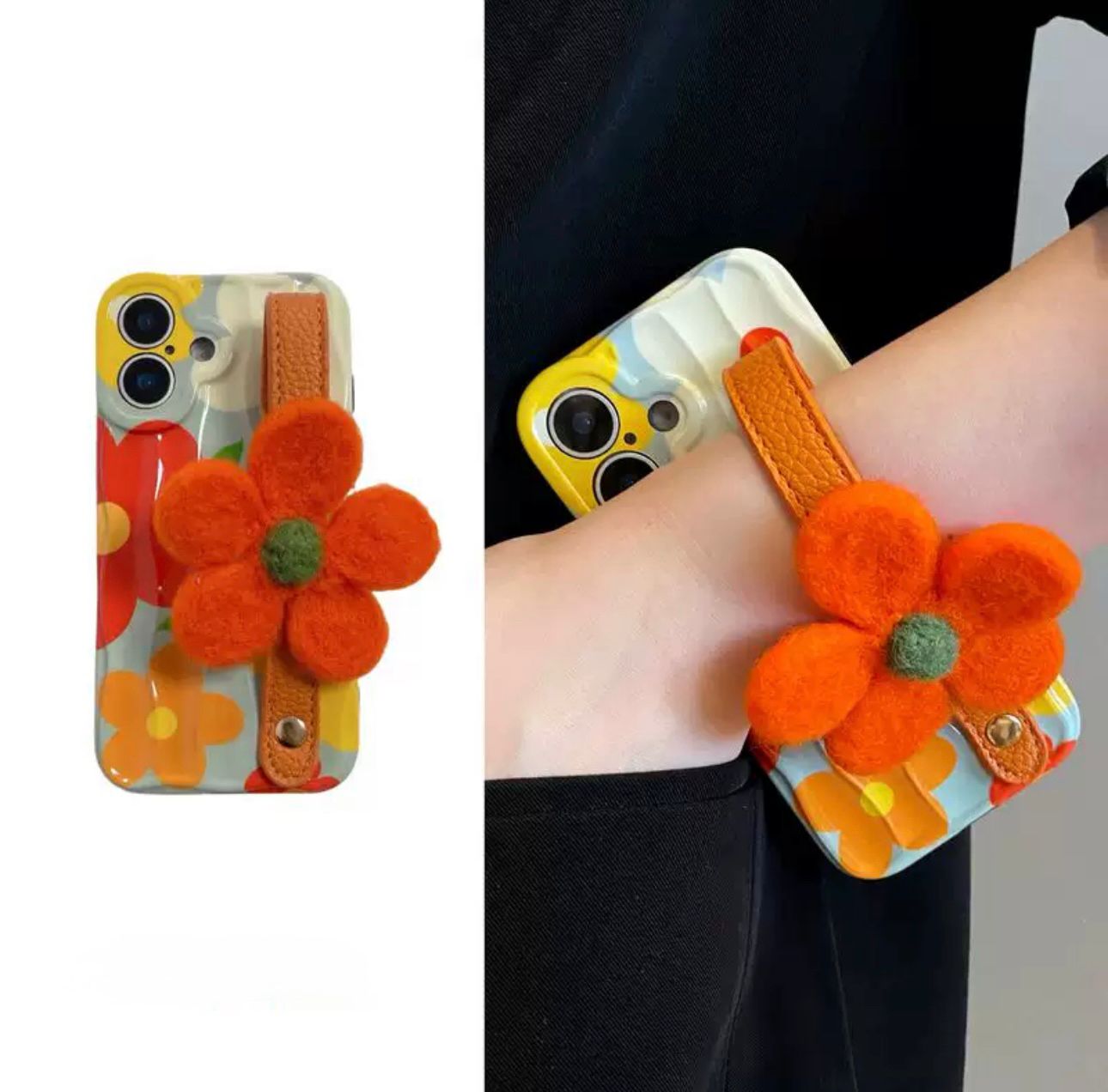 Stylish flowes case with hand strap for iphone