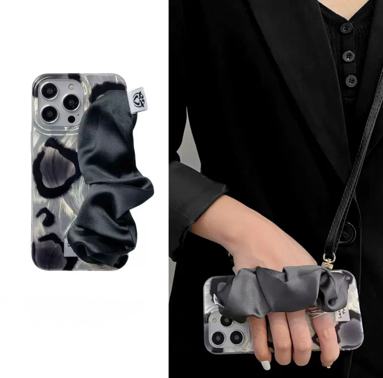 Black tulips case with hand strap for iPhones