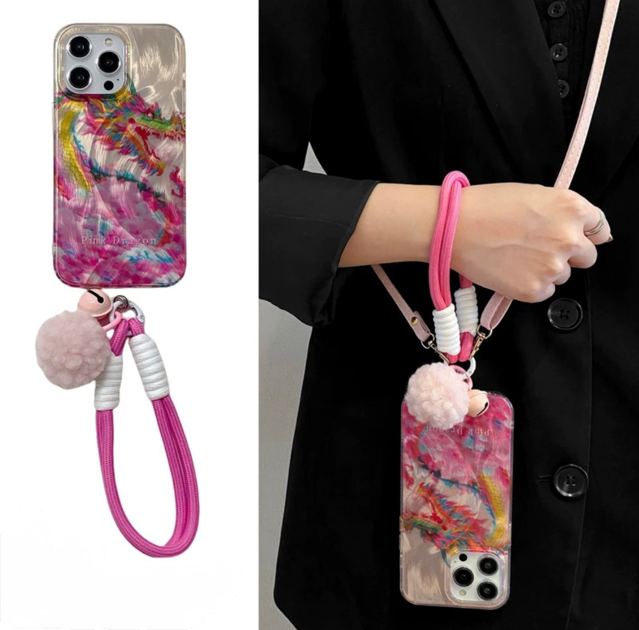 Pink dragon case with crossbody for iphone