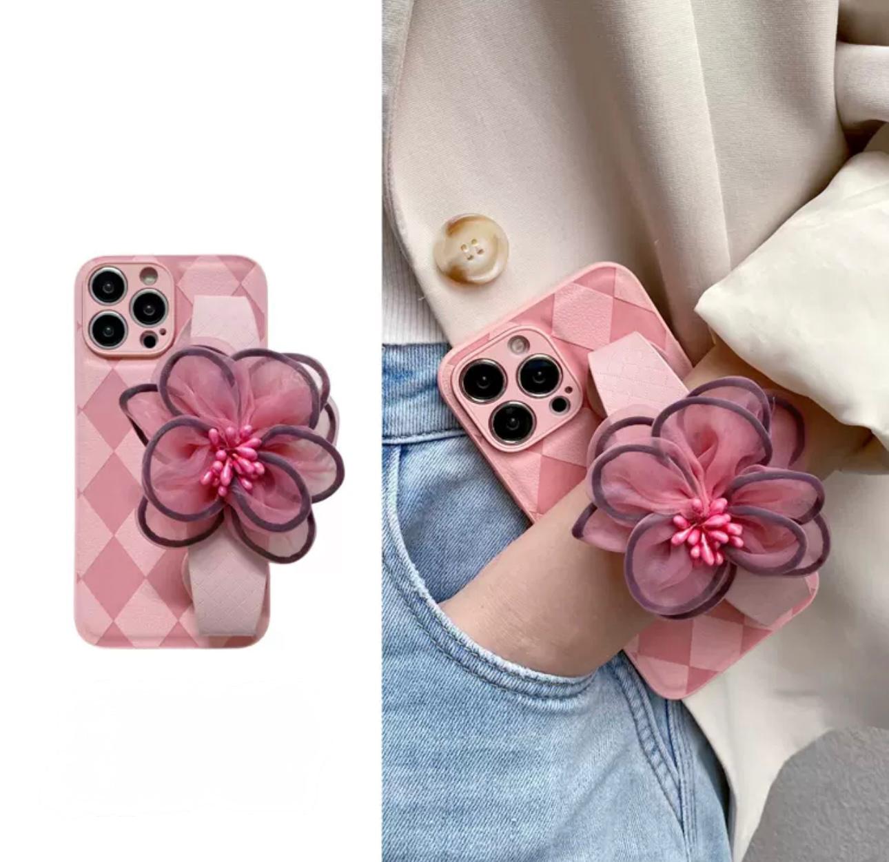 Pink rose flower case with hand strap for iphone