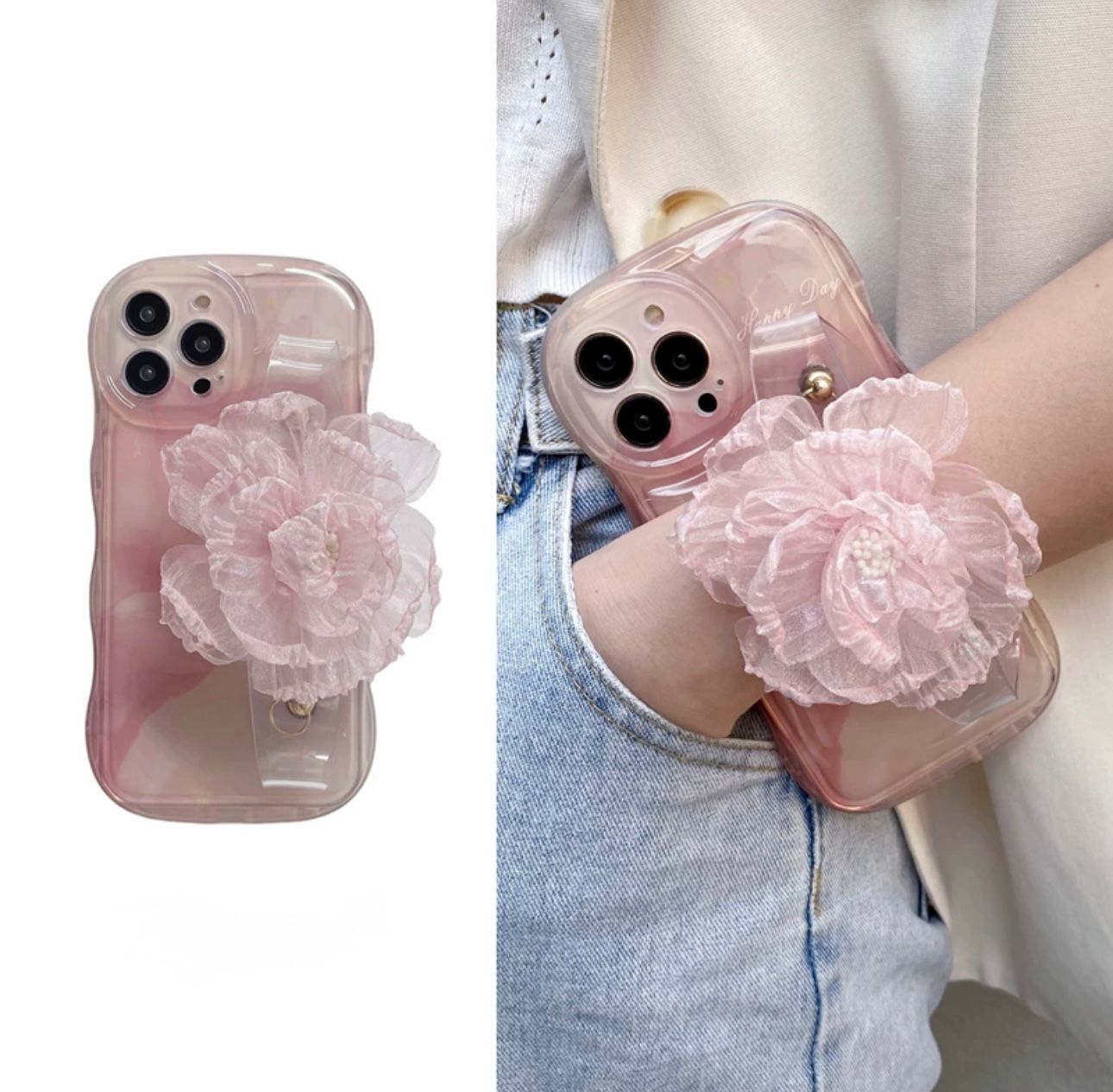 Pink flower transparent case with hand strap for iPhone