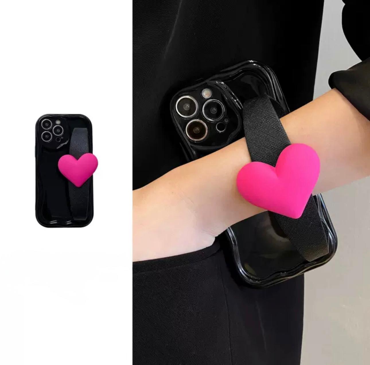 Leather heart Black case with cross handstrap for iphone