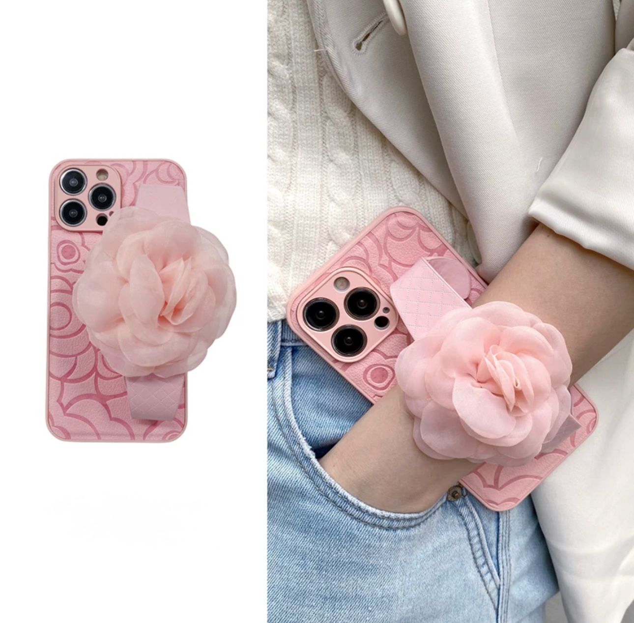 Pink blooming flower case with hand strap for iphone