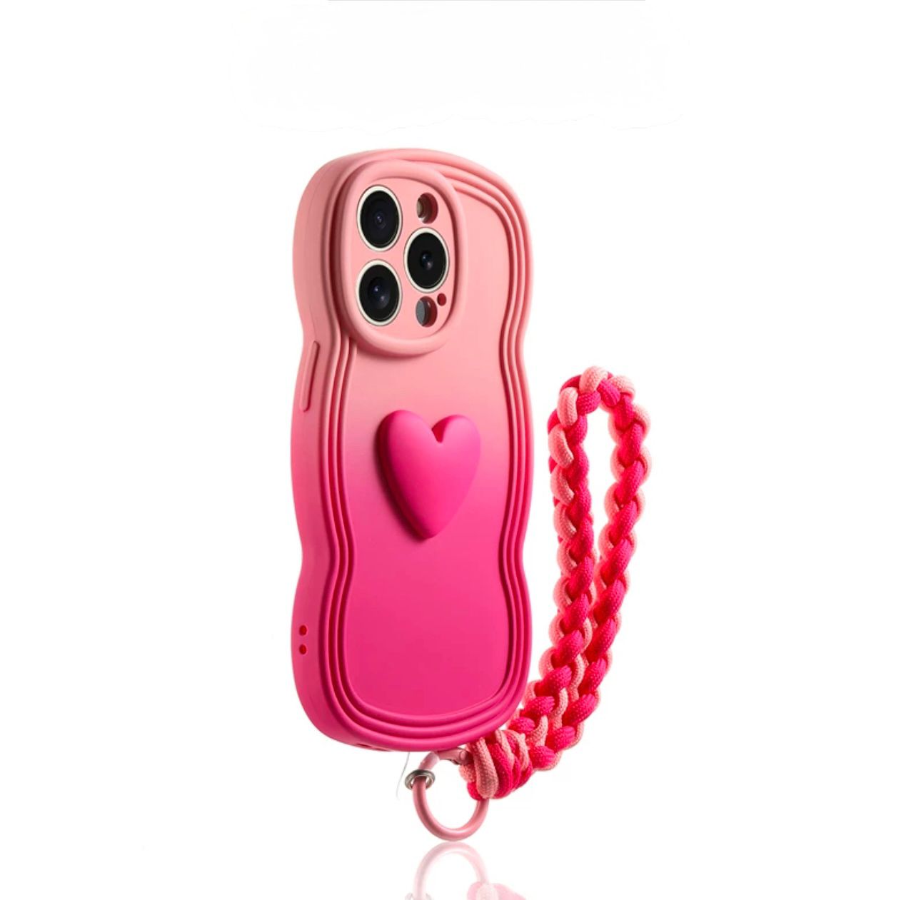 Pink curly wave frame shafe case with Dot heart and charm For Iphone