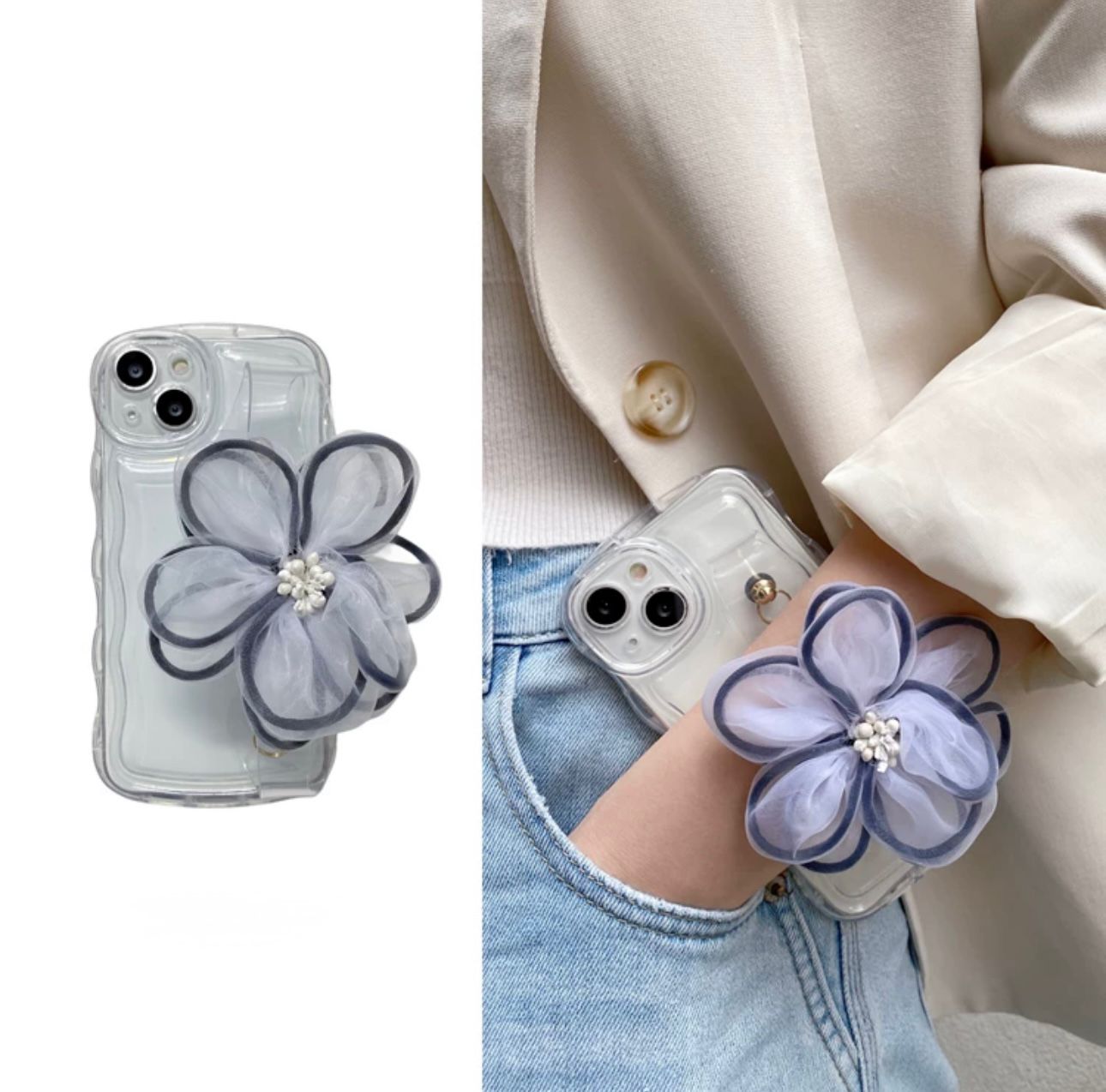 Translucent blue flower case with hand strap for iphone