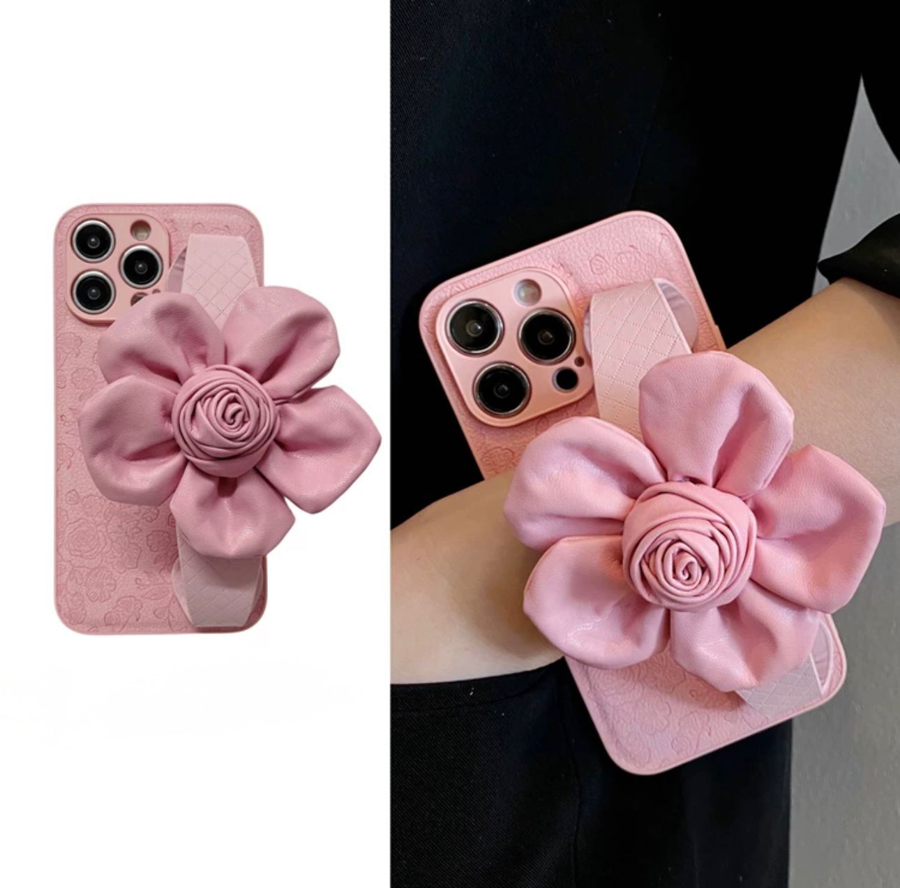 Wavi pink flower case with hand strap for iphone
