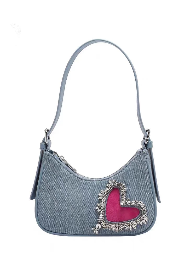 Denim Heart Charm Shoulder Bag