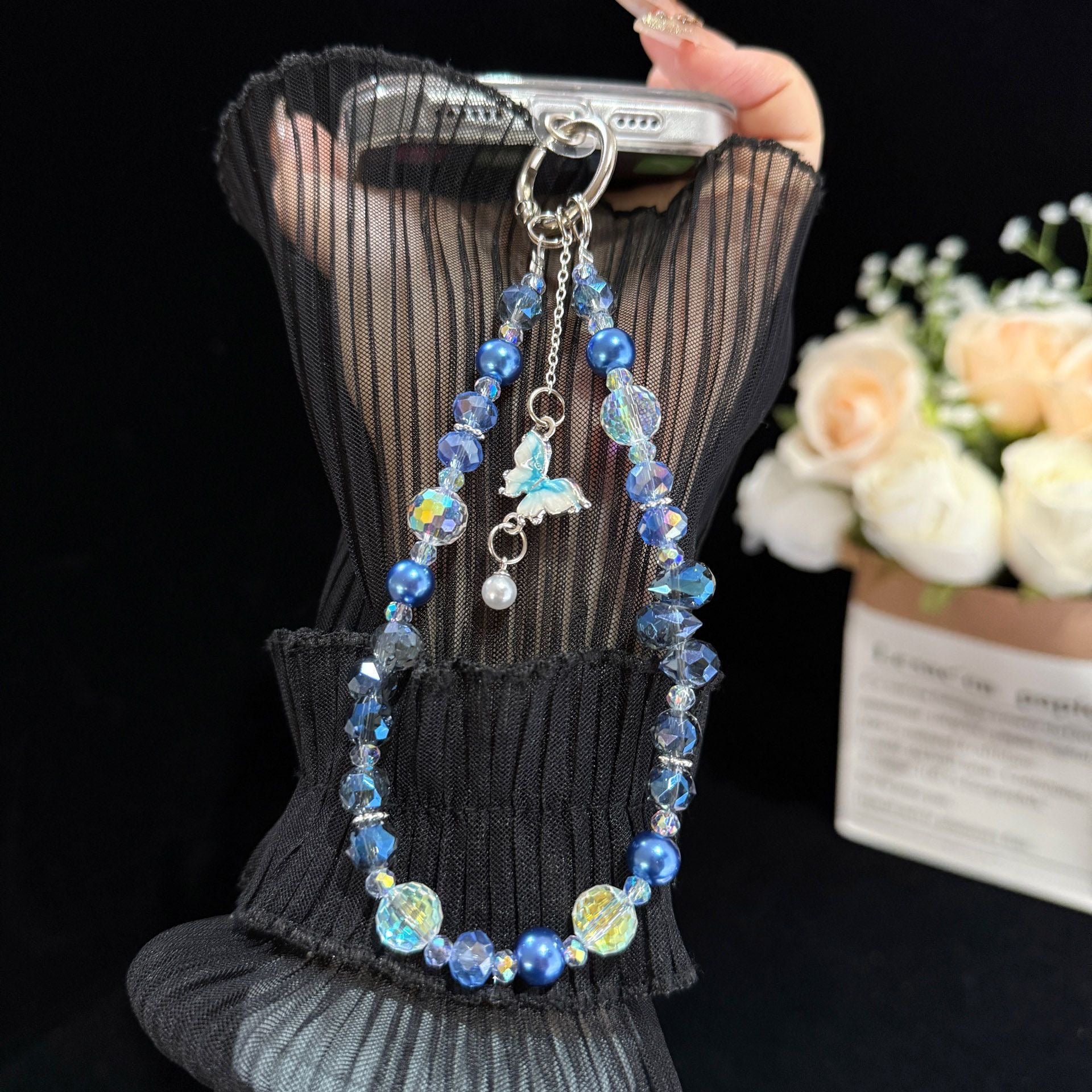 Blue Butterfly Crystal Beaded Wrist Strap