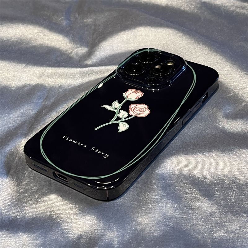 Black Minimalist Pink Rose Flower Case
