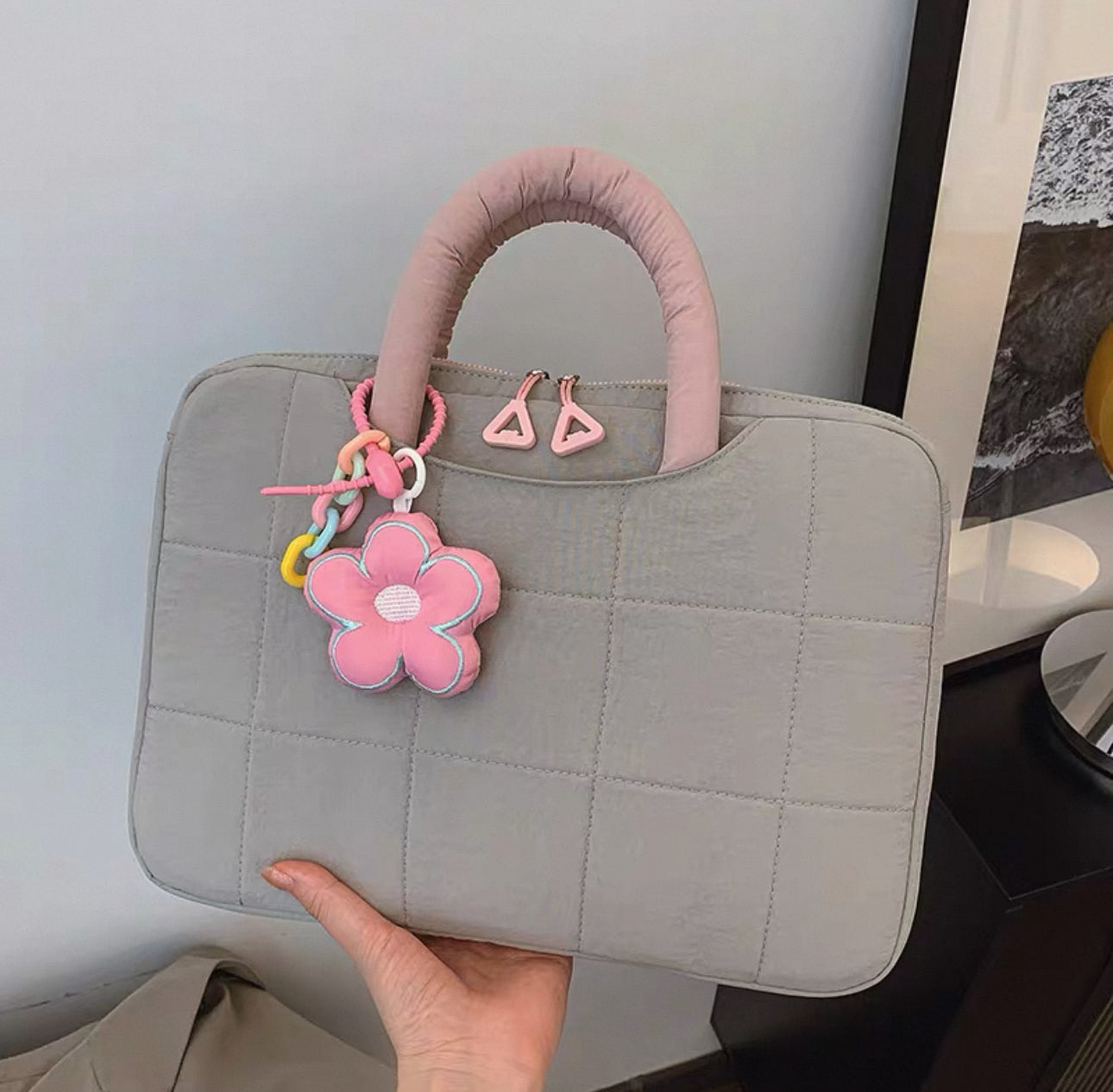 Puffy Flower Handle Laptop Bag