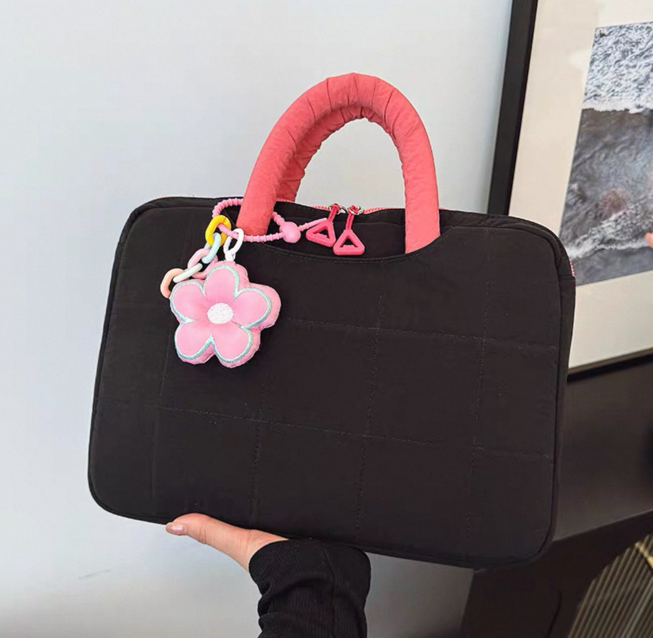 Puffy Flower Handle Laptop Bag