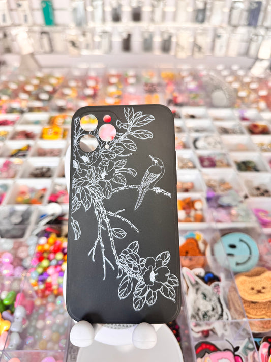 Black flower with bird case for iPhones