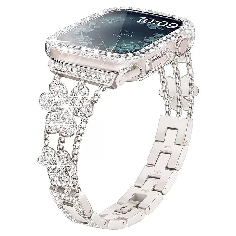 Clover Rhinestone Metal Watch Band – Fits Series 1–9 (Silver/Gold/Rose Gold)
