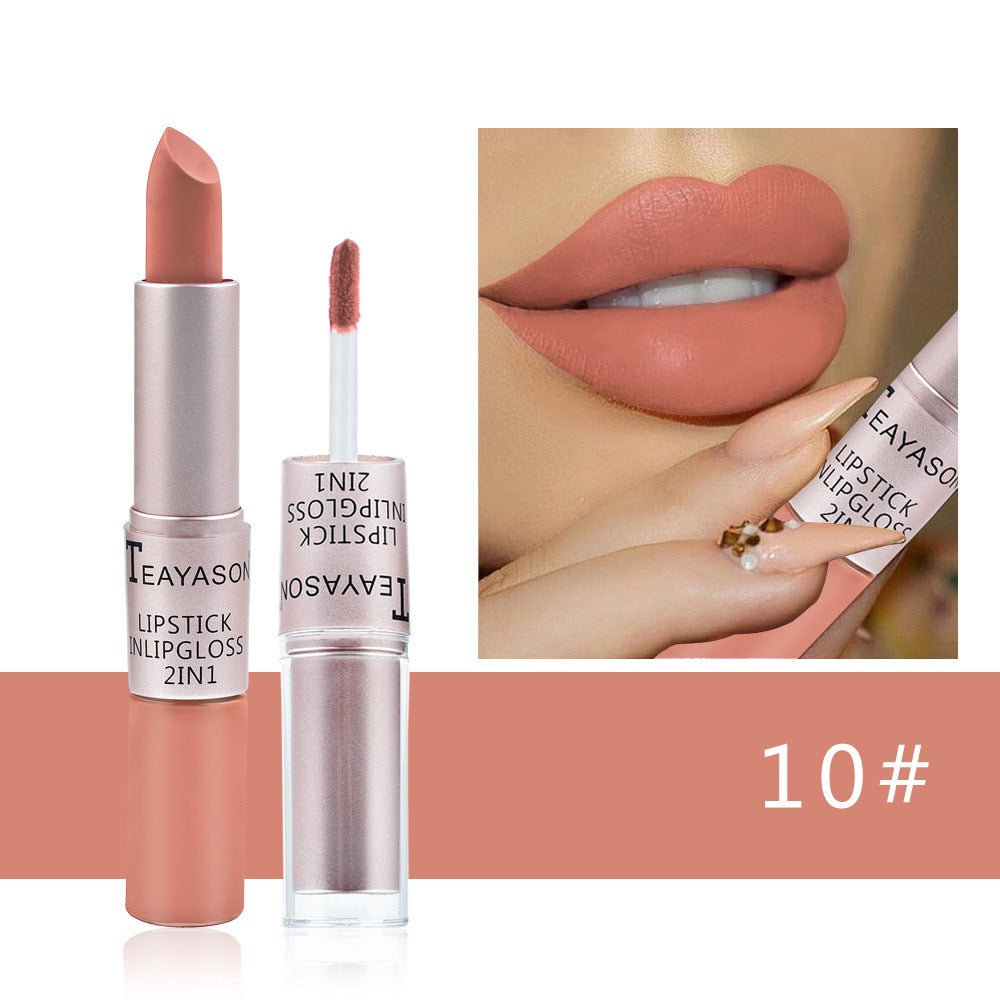 Cross-Border Double-Ended Non-Stick Lip Gloss Two-In-One Matte Bean Paste Non-Fading Dip Cup Lipstick