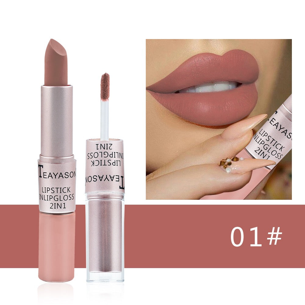 Cross-Border Double-Ended Non-Stick Lip Gloss Two-In-One Matte Bean Paste Non-Fading Dip Cup Lipstick