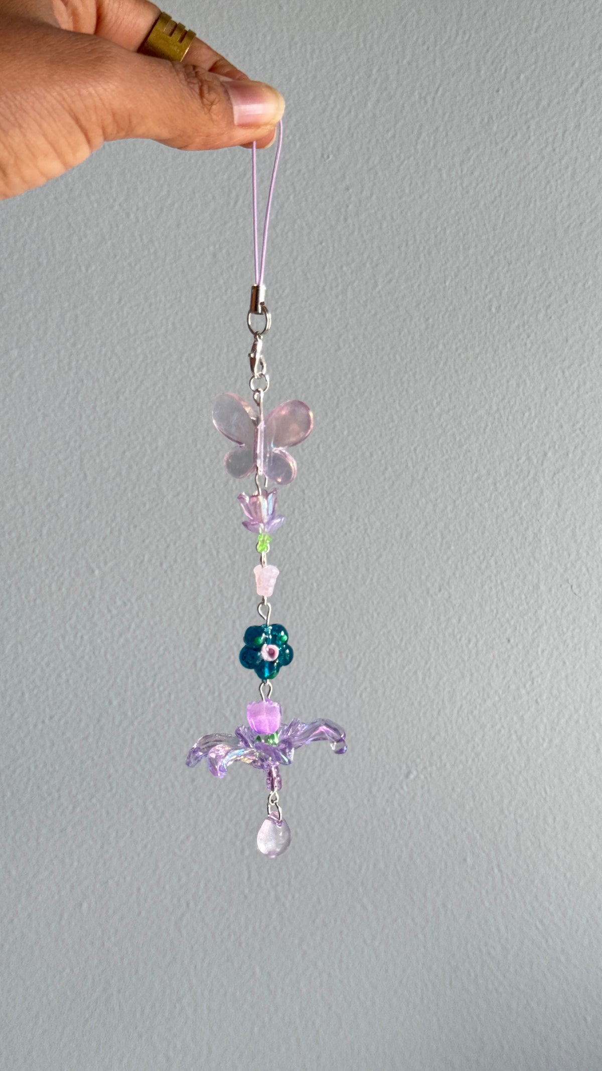 Butterfly Bag Charm, Handmade Beaded Keychain, Floral Phone Charm, Purple Flower Accessory