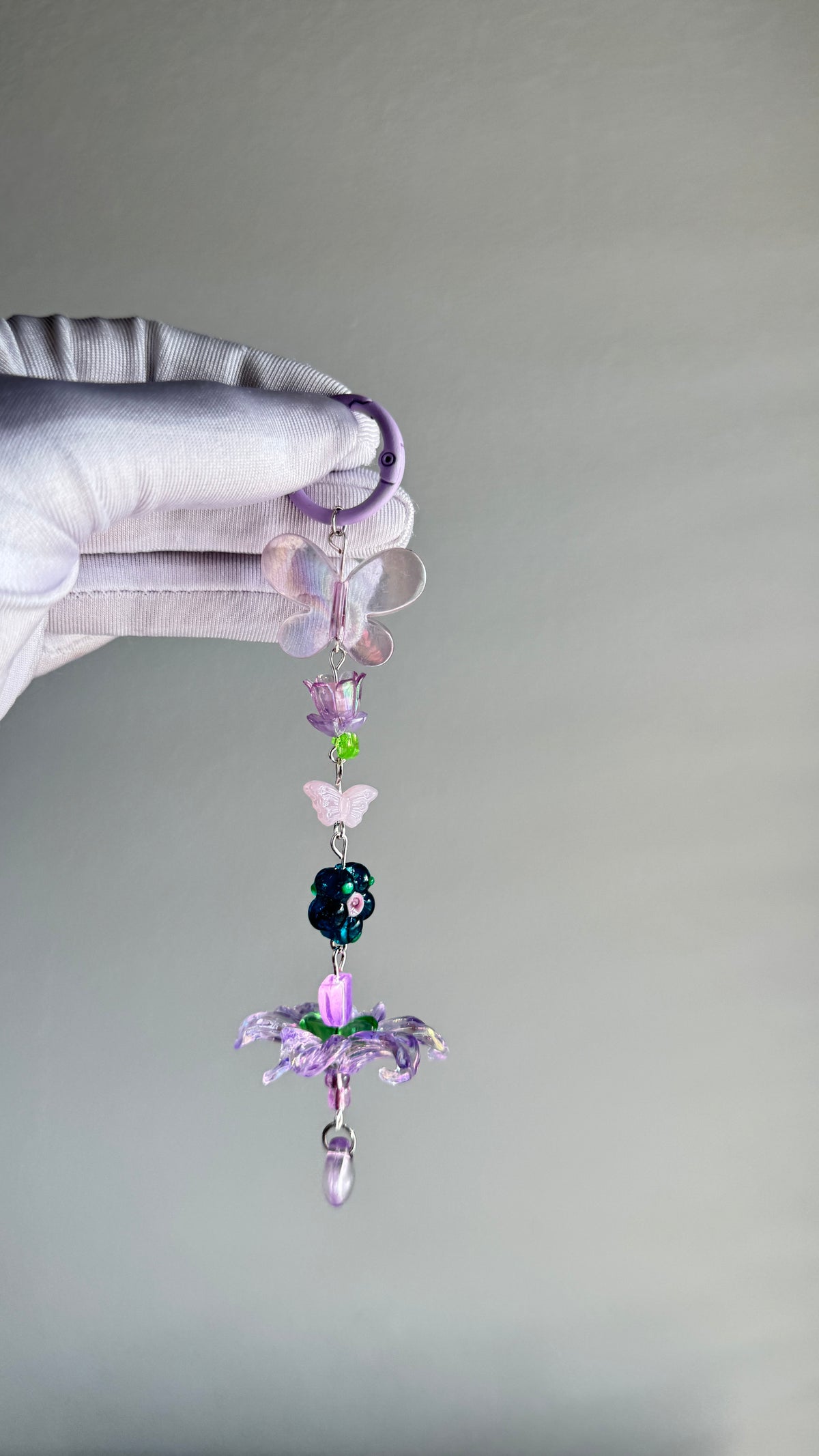 Butterfly Bag Charm, Handmade Beaded Keychain, Floral Phone Charm, Purple Flower Accessory
