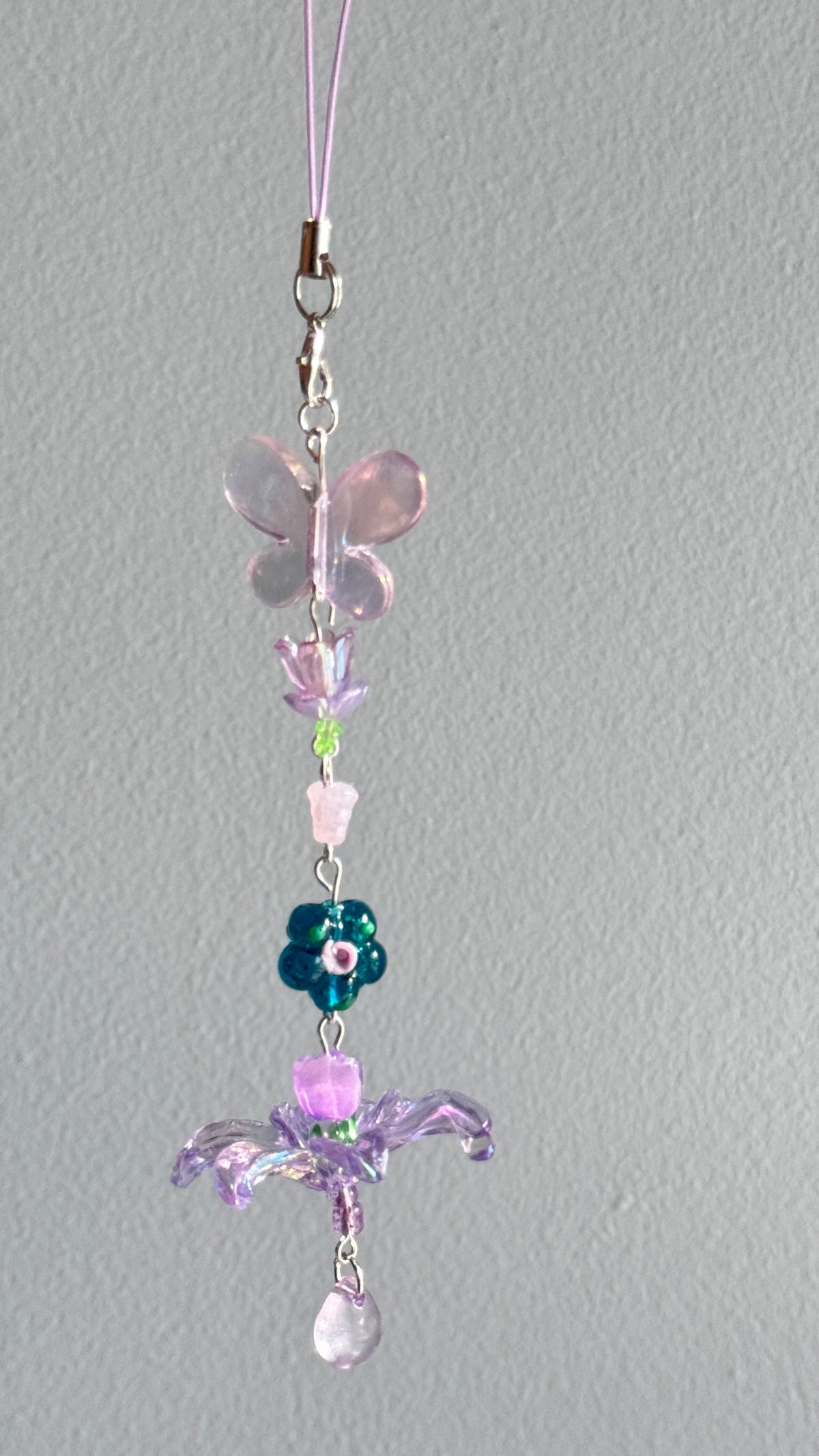 Butterfly Bag Charm, Handmade Beaded Keychain, Floral Phone Charm, Purple Flower Accessory