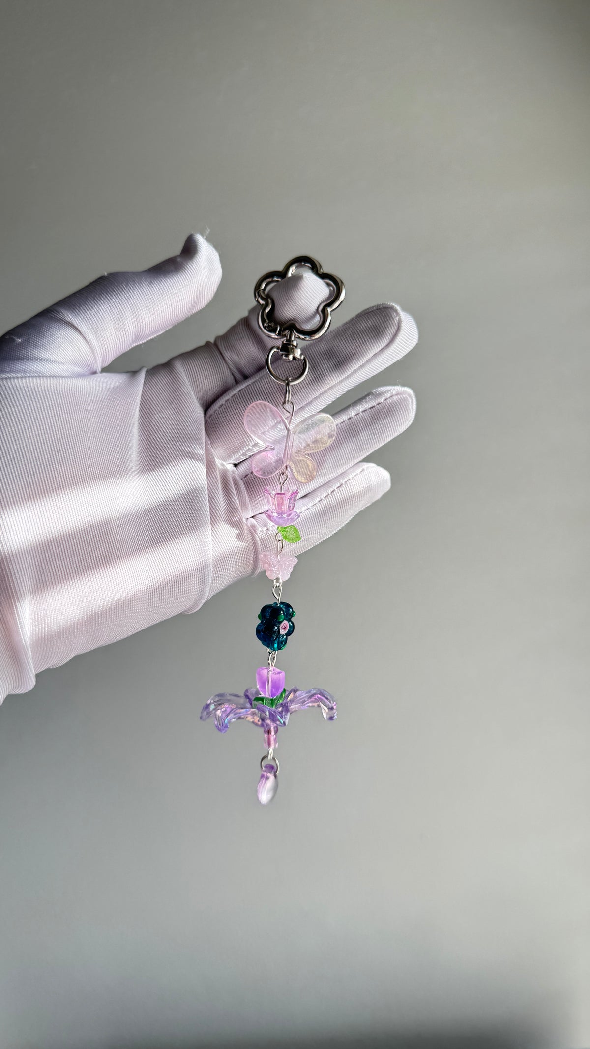 Butterfly Bag Charm, Handmade Beaded Keychain, Floral Phone Charm, Purple Flower Accessory