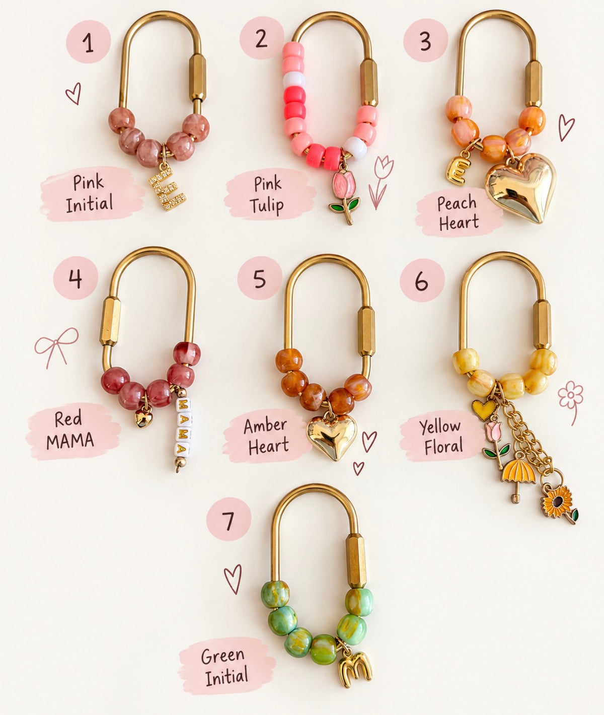 Handmade Beaded Carabiner Keychain – Personalized Initial, Heart & Floral Charms