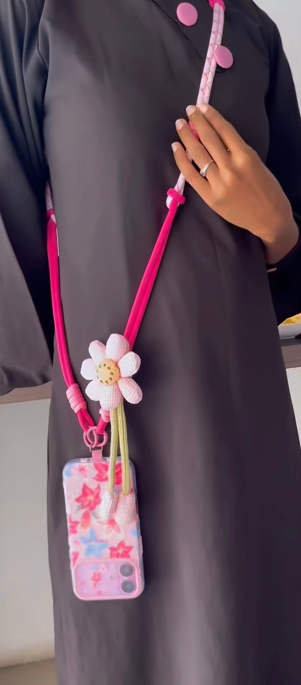 Pink Floral Phone Lanyard – Cute Braided Crossbody Phone Strap with Flower Charms