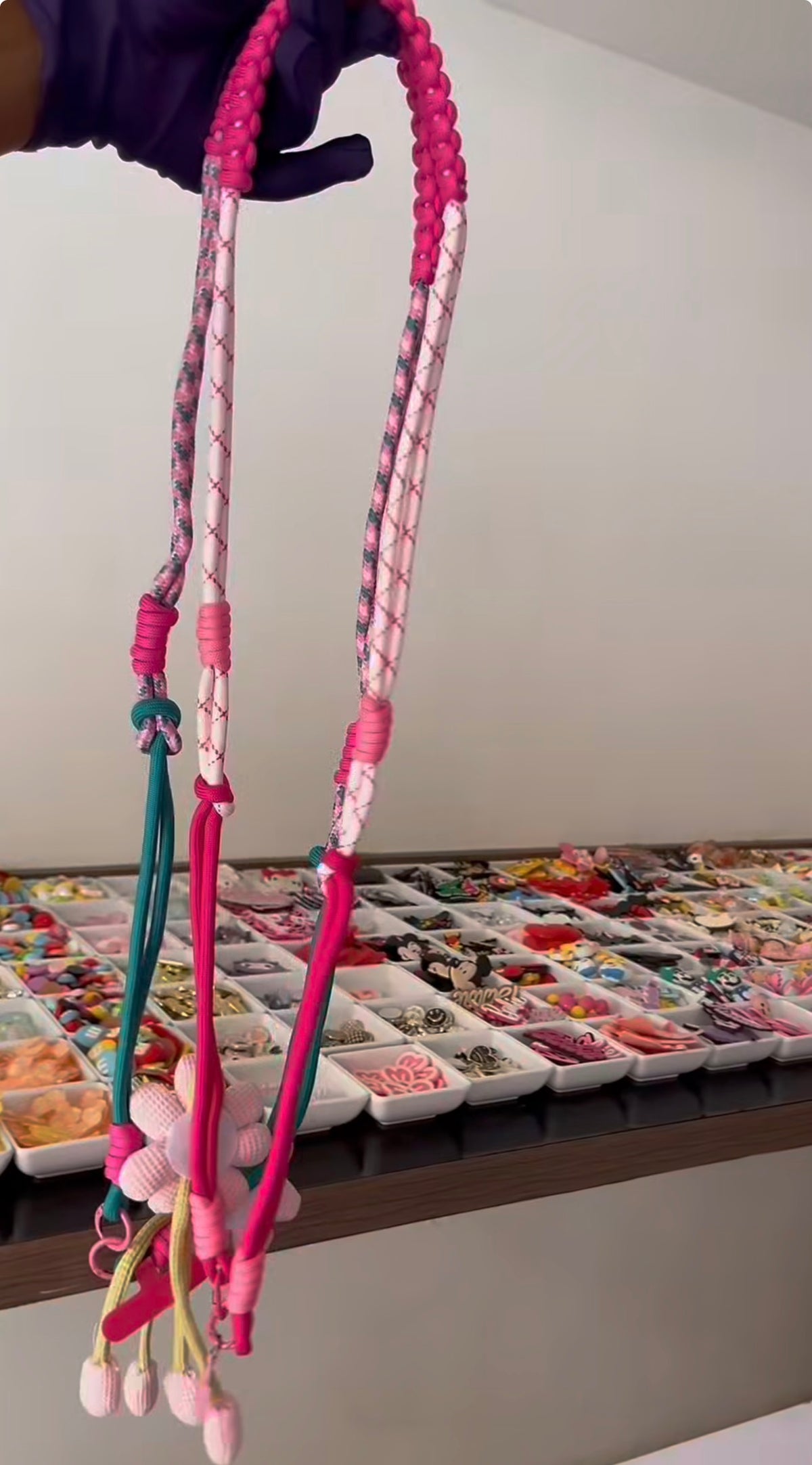 Pink Floral Phone Lanyard – Cute Braided Crossbody Phone Strap with Flower Charms