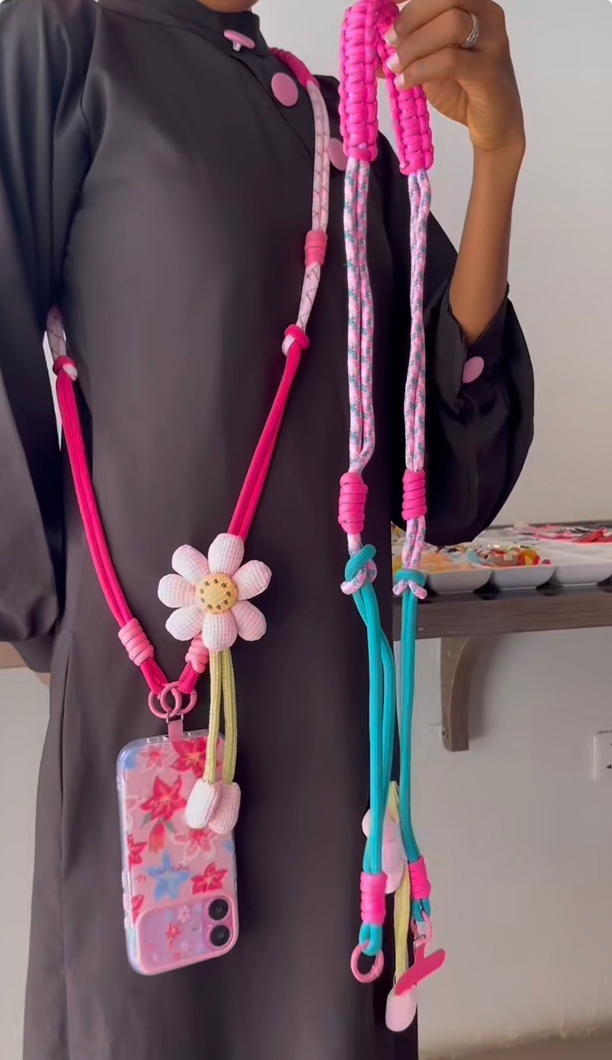 Pink Floral Phone Lanyard – Cute Braided Crossbody Phone Strap with Flower Charms