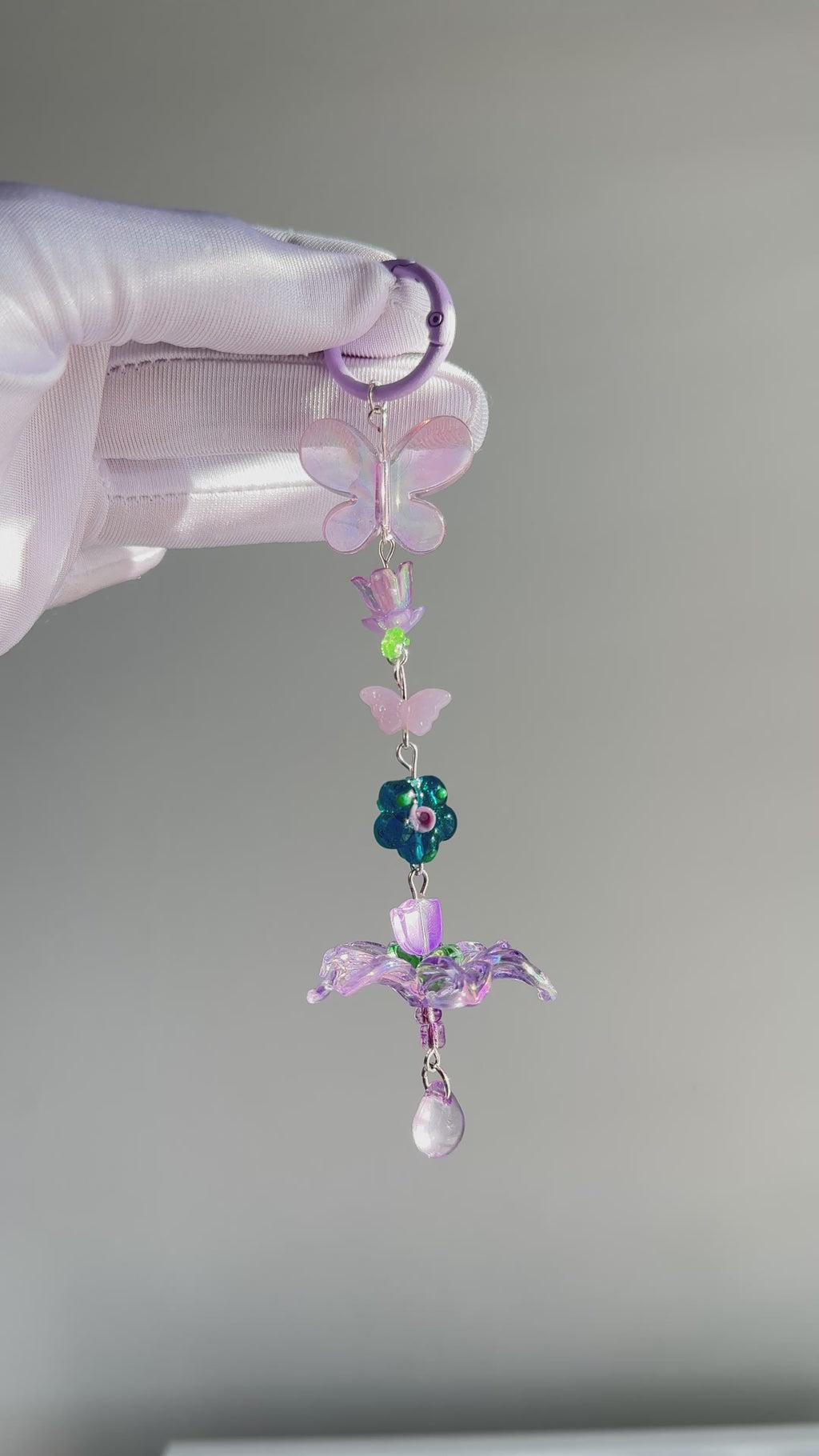 Butterfly Bag Charm, Handmade Beaded Keychain, Floral Phone Charm, Purple Flower Accessory