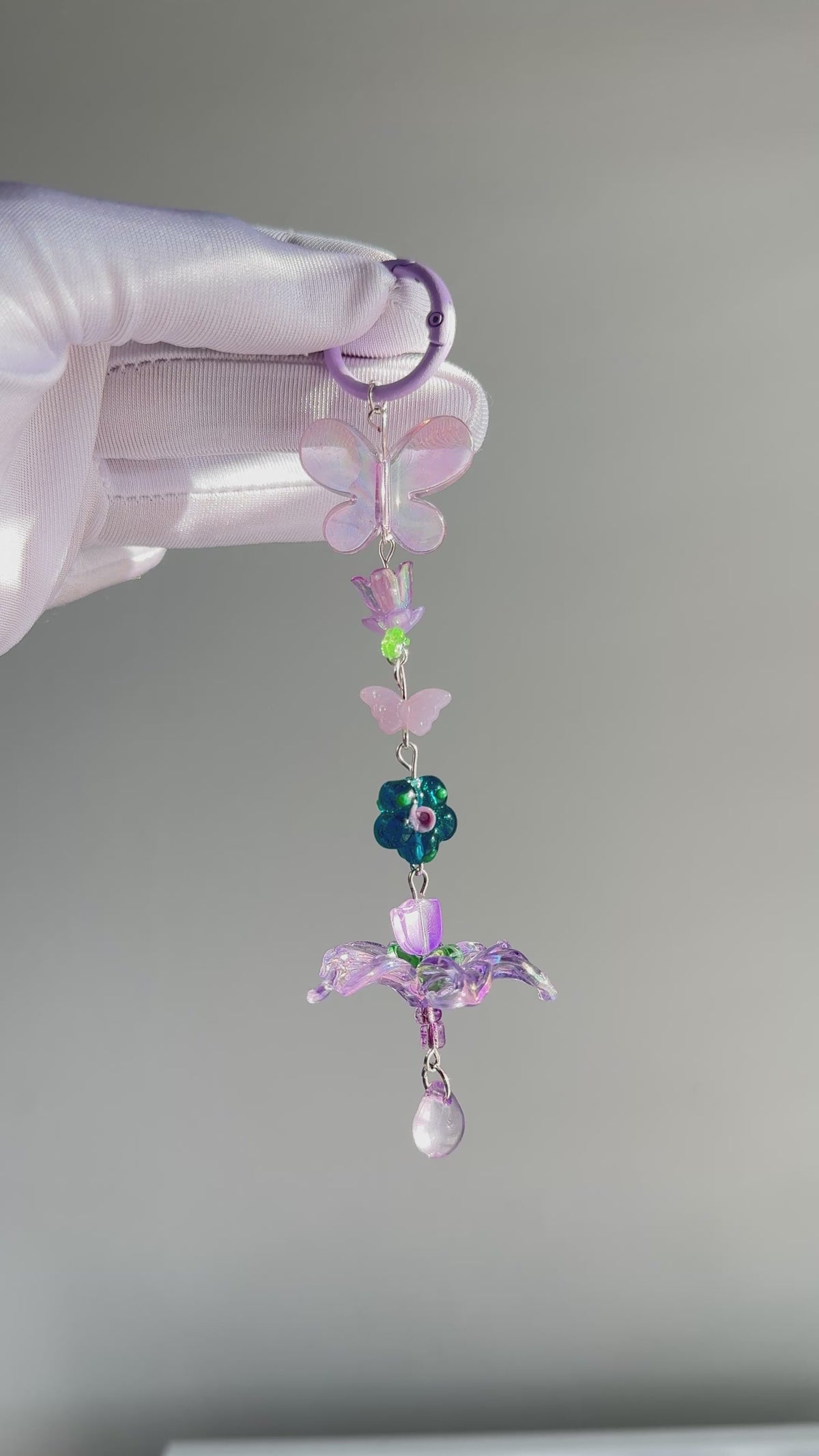 Butterfly Bag Charm, Handmade Beaded Keychain, Floral Phone Charm, Purple Flower Accessory